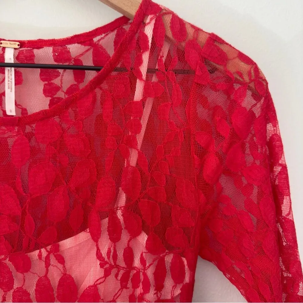 Free People Floral Lace Mesh Dress in Hot Red Attached Adjustable Slip Scalloped - Image 6