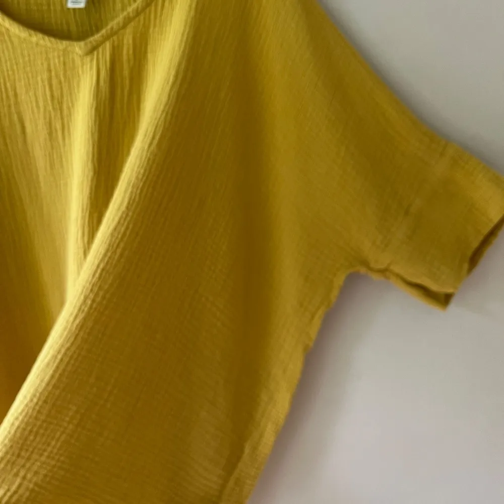 Joie Sz L Oversized Gauze Mustard Tunic Blouse‎ Cotton Short Sleeve V Neck - Image 3