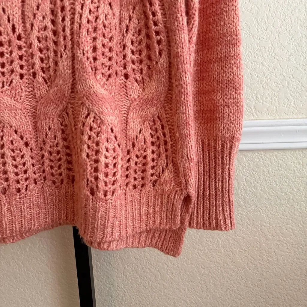 Soft Knit Textured Open Weave Cozy Scoop Neck Sweater Pink Layering Top Large - Image 13