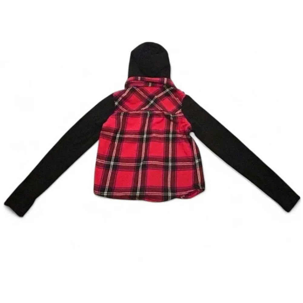 Plaid Flannel Shirt Jacket XS Sherpa Hood Red Cabin‎ Core Cozy Grunge Y2K Skater - Image 2