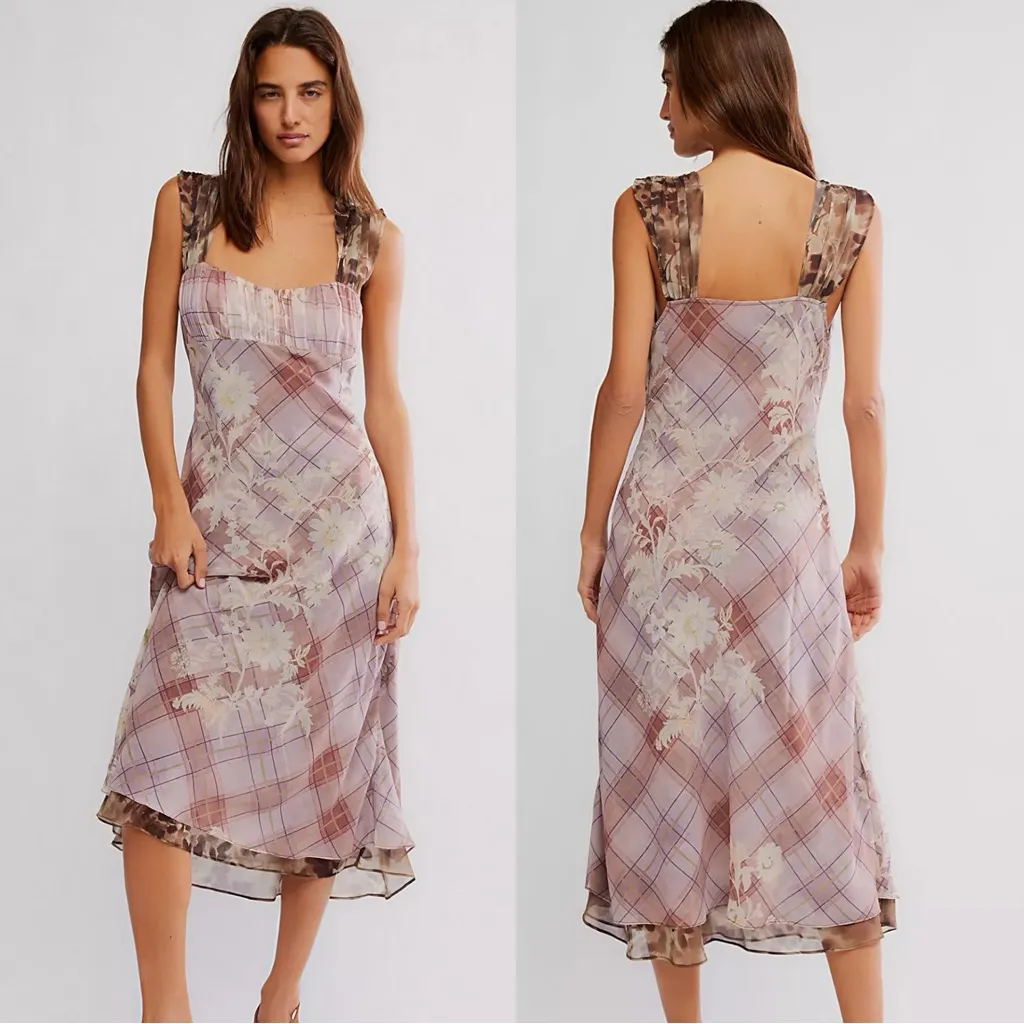 Free People Femme Grunge 90s Y2K Morning Dew Plaid Floral Midi Slip Dress Large - Image 14
