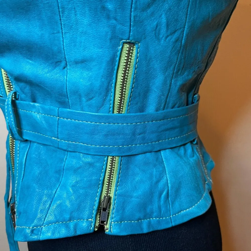 Tracy Reese Turquoise Moto Leather Biker Jacket SZ 0 Y2K Country Western Texas - Image 7
