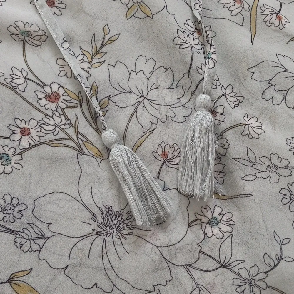 Lovestitch Light Blue Multicolored Floral Print Sheer Bohemian Tassel Blouse - Image 11