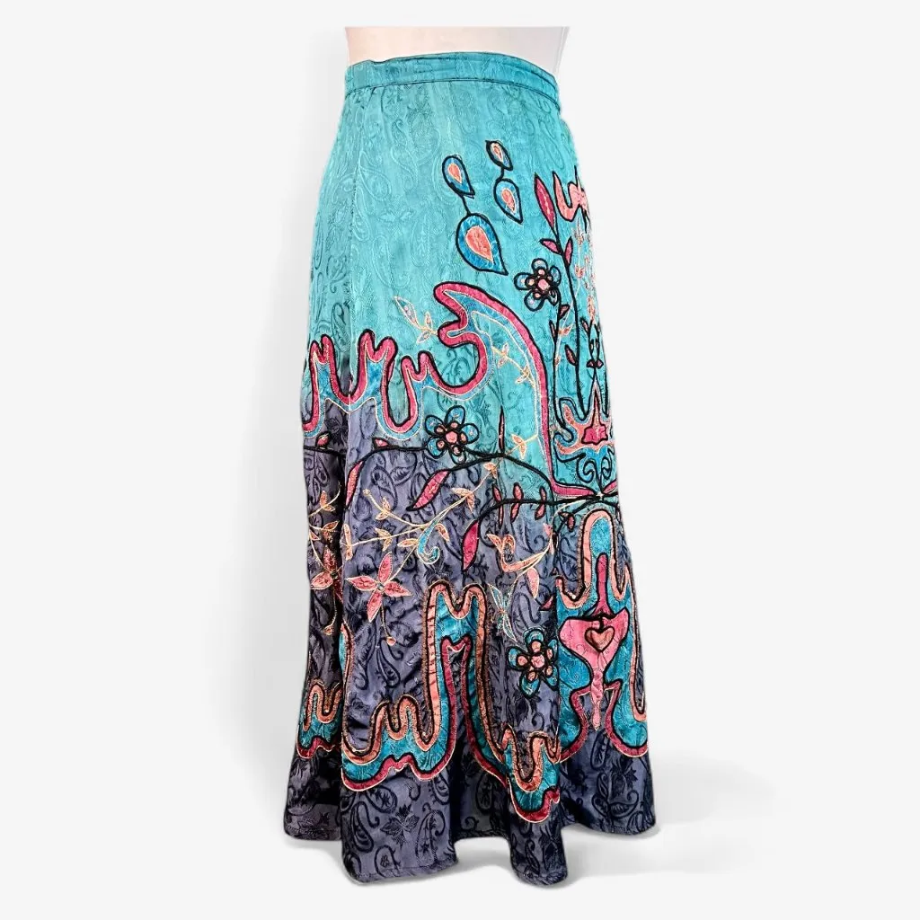 Indigo Moon Boho Teal Copper Rayon Jacquard Skirt XL embroidery Blue - Image 2