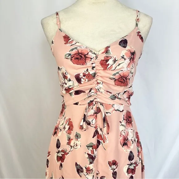 Three Pink‎ Hearts Dress Womens XS Floral Print Maxi Pink High Low Hem Ruched - Image 2