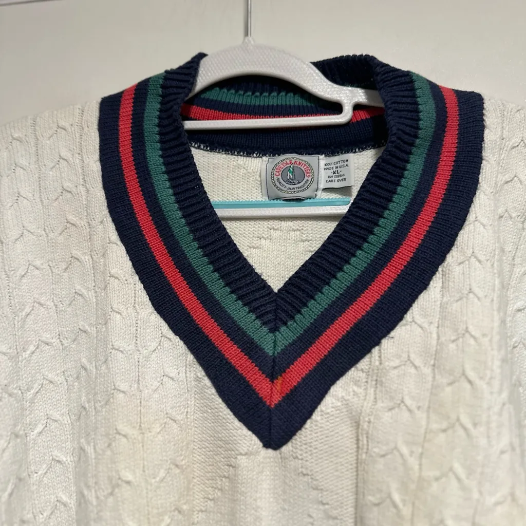 VTG 90s Cape Isle Knitters Sz:XL Oversized Colorful Vneck Cable Knit sweater. White - Image 8