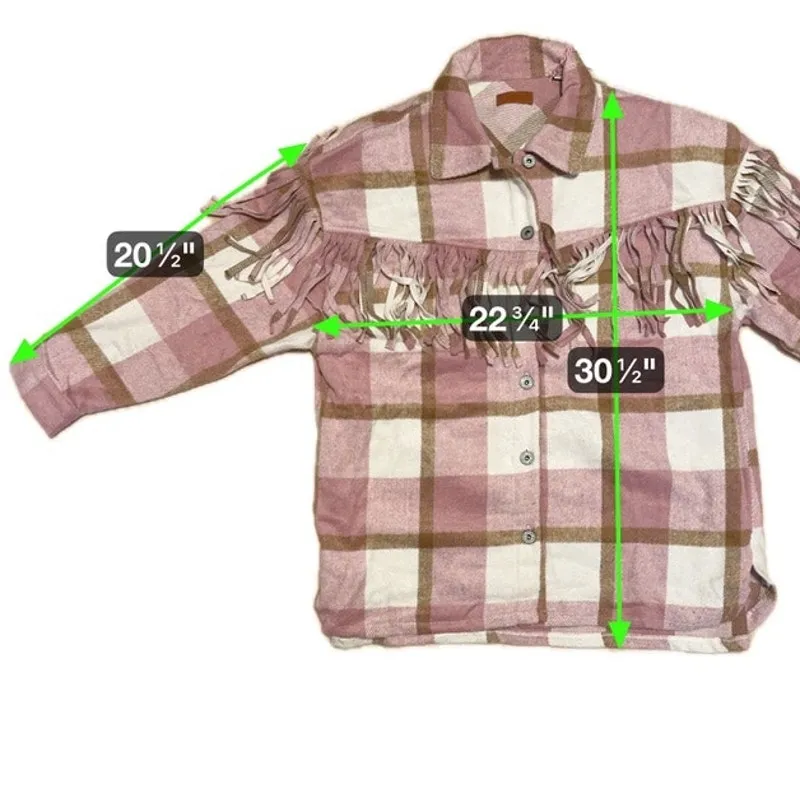 Umgee Fringe Plaid Shacket L Pink Oversized Button Front Western Boho NWT Gift - Image 8