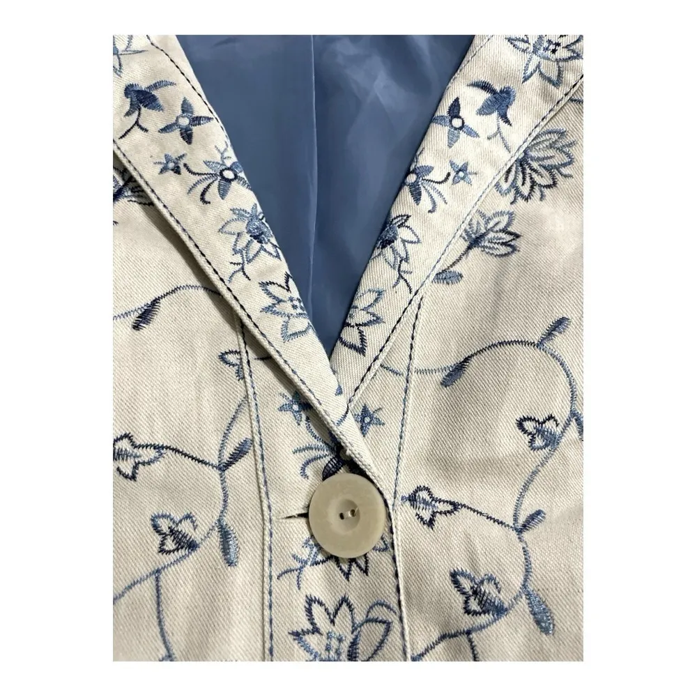 VTG Susan Graver Ivory Blue embroidery Floral Linen Blend coat size 1X - Image 5