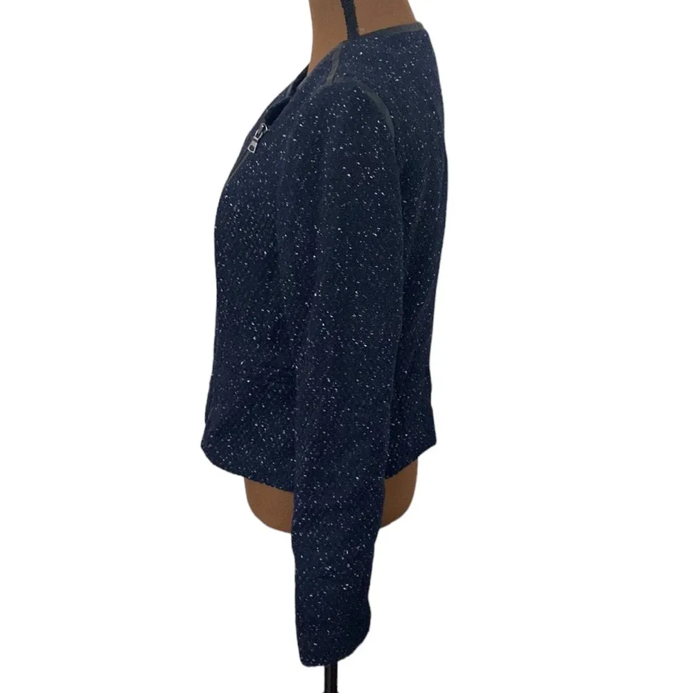 Ann Taylor navy tweed asymmetrical zip wool blend blazer faux leather trim sz 8 - Image 4