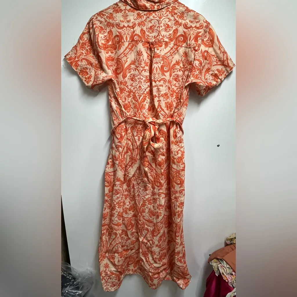100% Lino Linen NEW Floral Paisley Print Maxi Dress Size Small Alma Ruiz Orange - Image 7