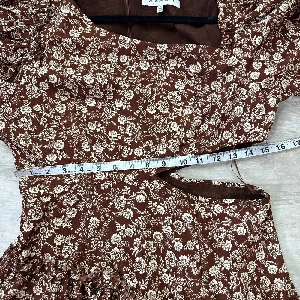 Sophie The Label Cut Out Puff Sleeve Brown floral midi dress Size M - Image 7
