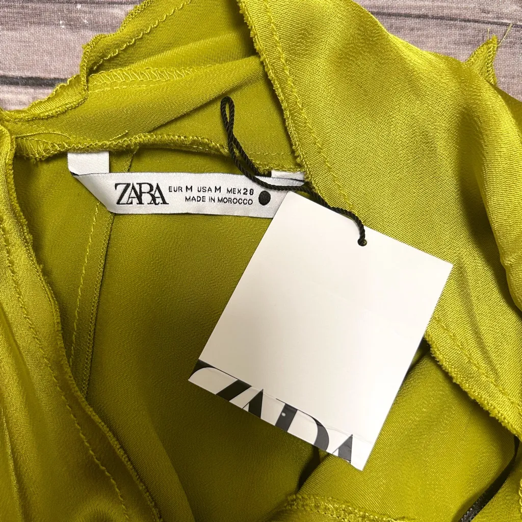 Zara Green Satin 3/4 Dolman Sleeve Tapered Back Tie V Line High Neck Dress NWT - Image 14