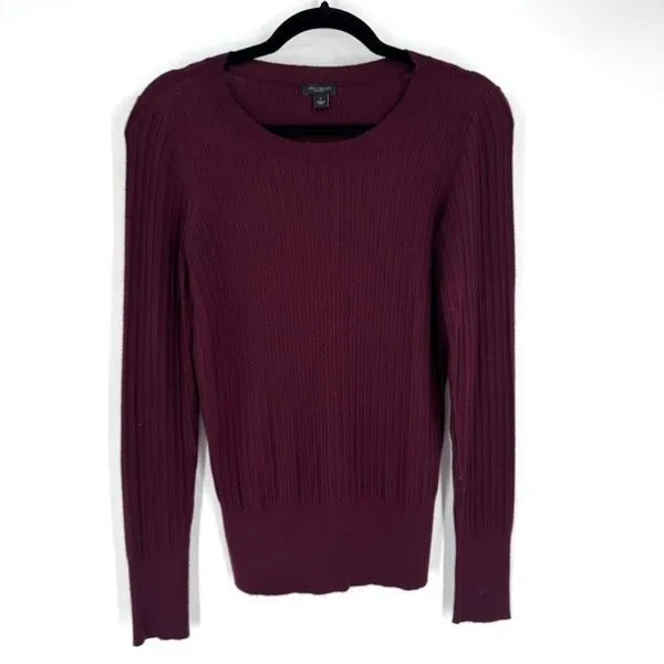 Ann Taylor Women's Ribbed Knit Long Sleeve Crew Neck Sweater Top Wine‎ Small - Image 3