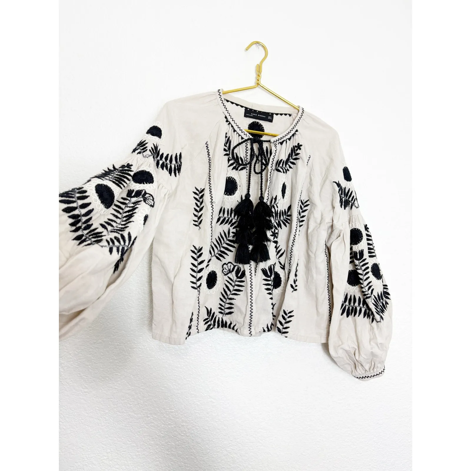 Zara Boho Embroidered Tassel Cardigan Small Cream Black Linen Cotton Western - Image 11