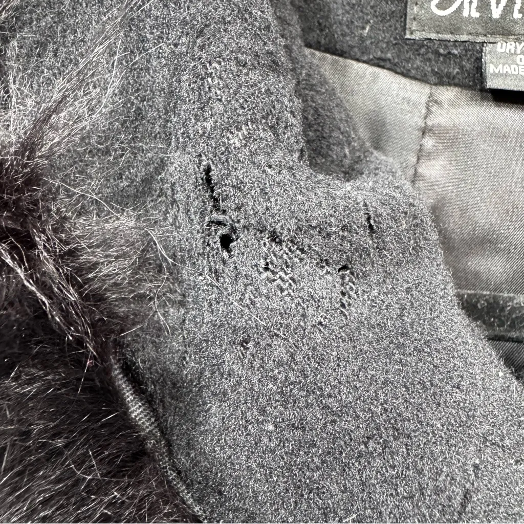 Vintage Black Double Breasted Swing Coat Faux Fur Lined Hood Steve & Searle Size XL - Image 7