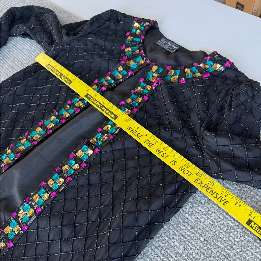 Vintage Royal Feelings Black Silk Beaded Sequin Jacket Jewel Tones Size Medium - Image 8