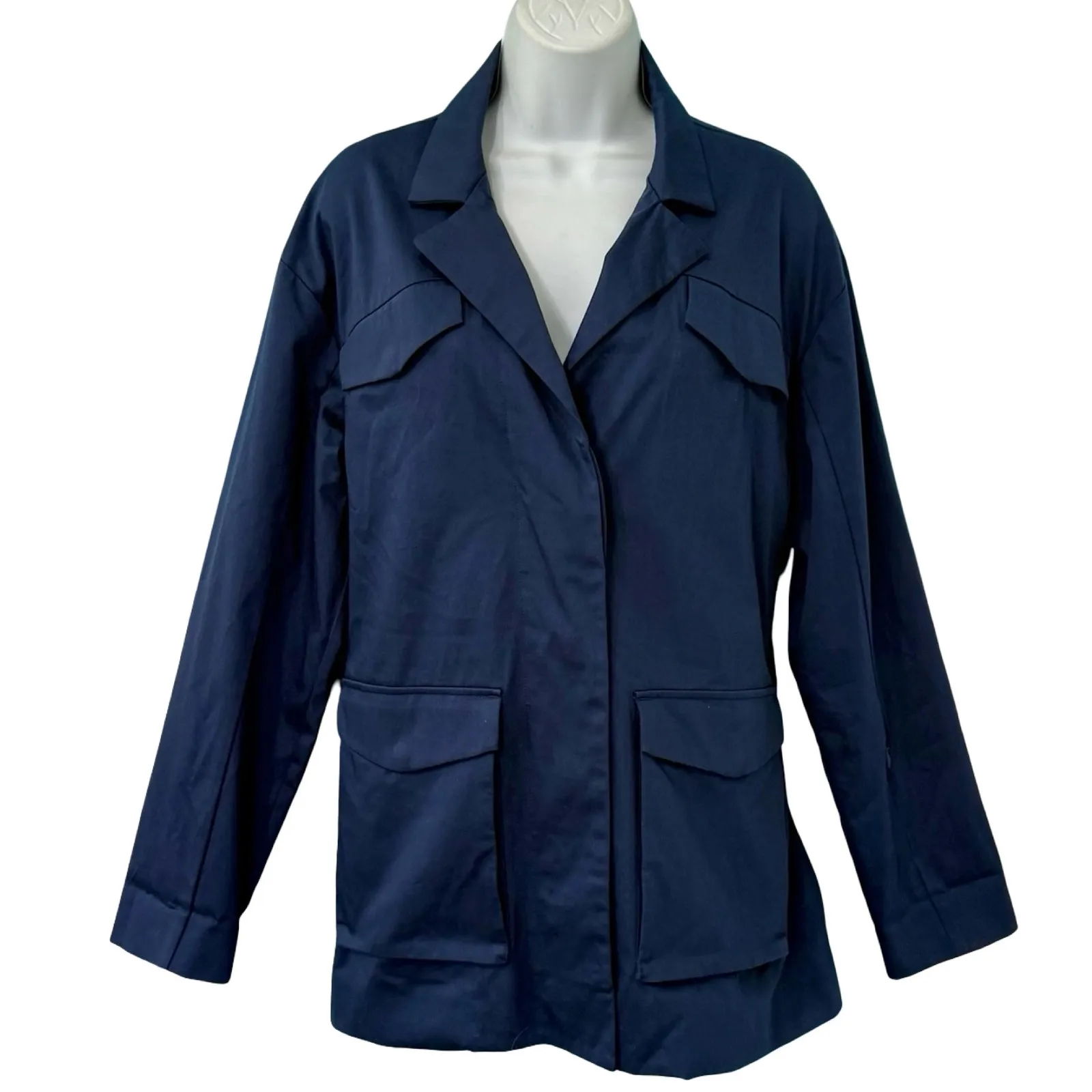 Away Navy Blue Travel Friendly Utility Jacket Trench Coat Notched Lapel size L Size L - Image 2