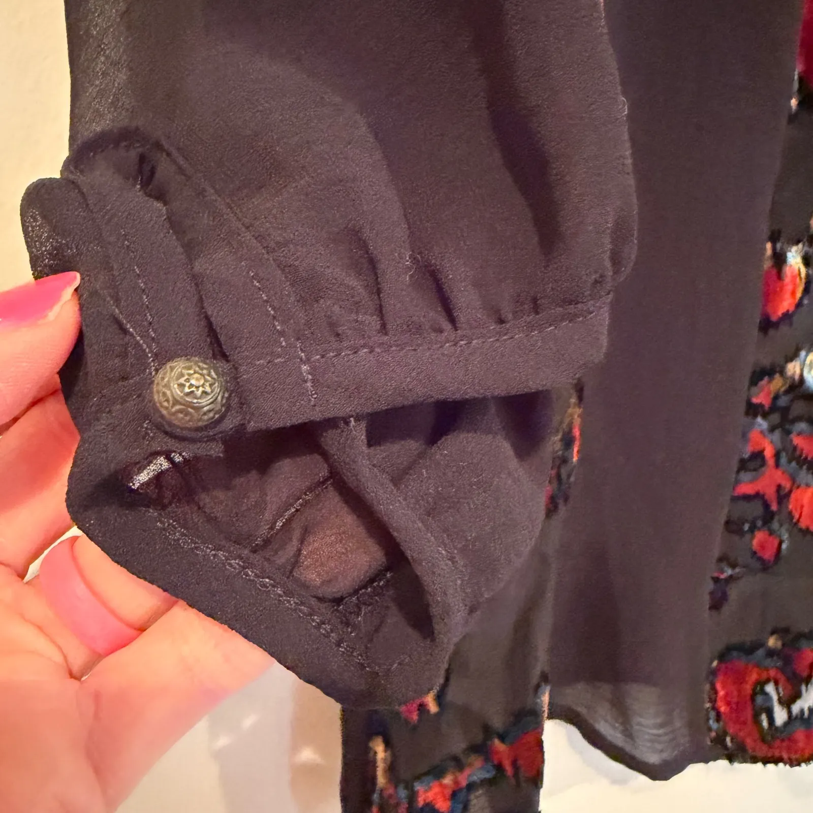 Addie Black Velvet Floral Burnout Sheer Boho Blouse Women's Large Black Dainty - Image 5