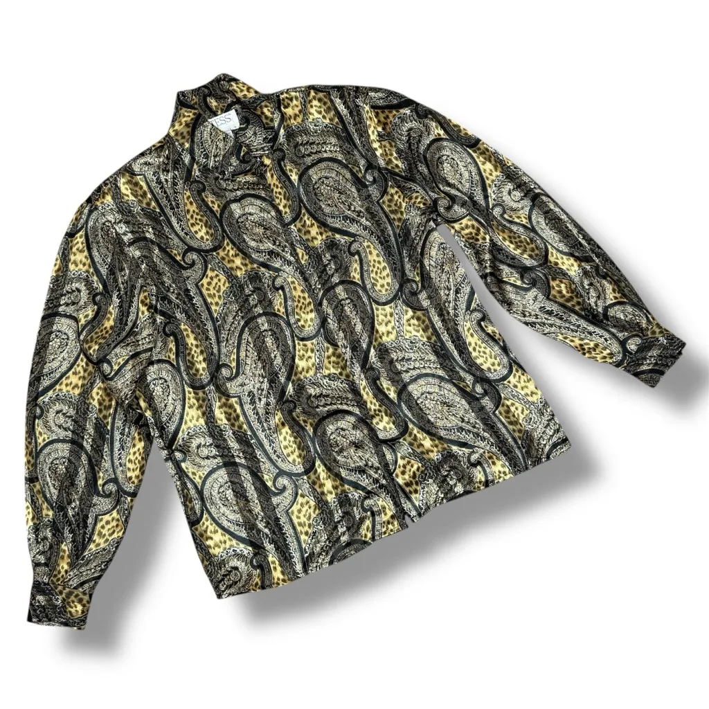 Vintage 80s Tess Paisley Leopard Print Satin Mock Neck Blouse Black Tan Size 8 - Image 11