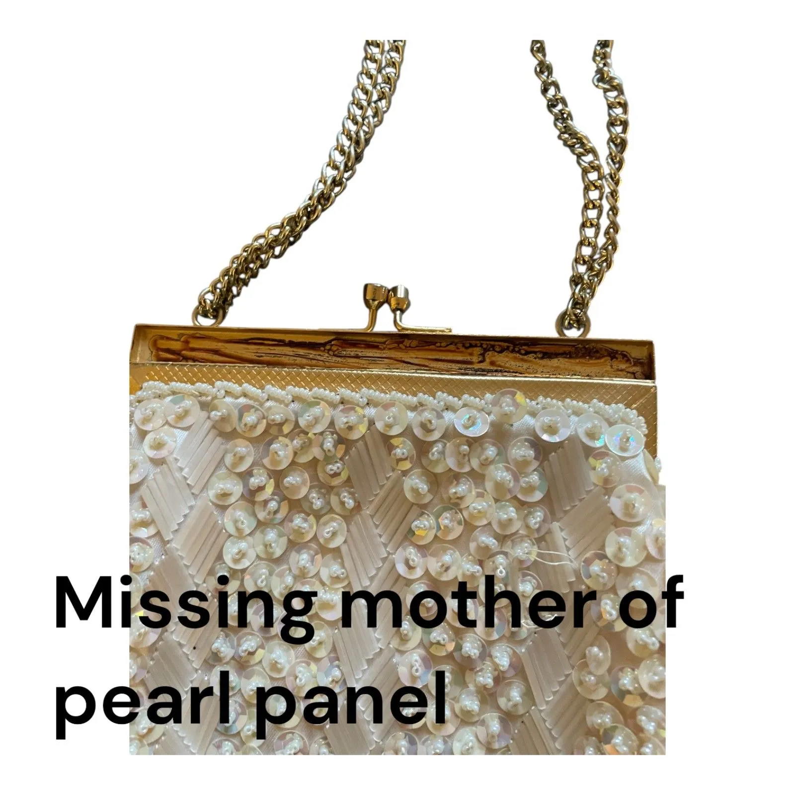 Vintage ivory sequined beaded evening bag gold kisslock chain strap glam retro - Image 8