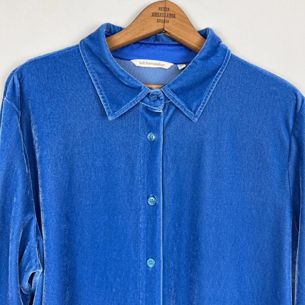 Soft Surroundings Shirt Womens L Blue Velvet Velour Boyfriend Button Front Tunic - Image 3