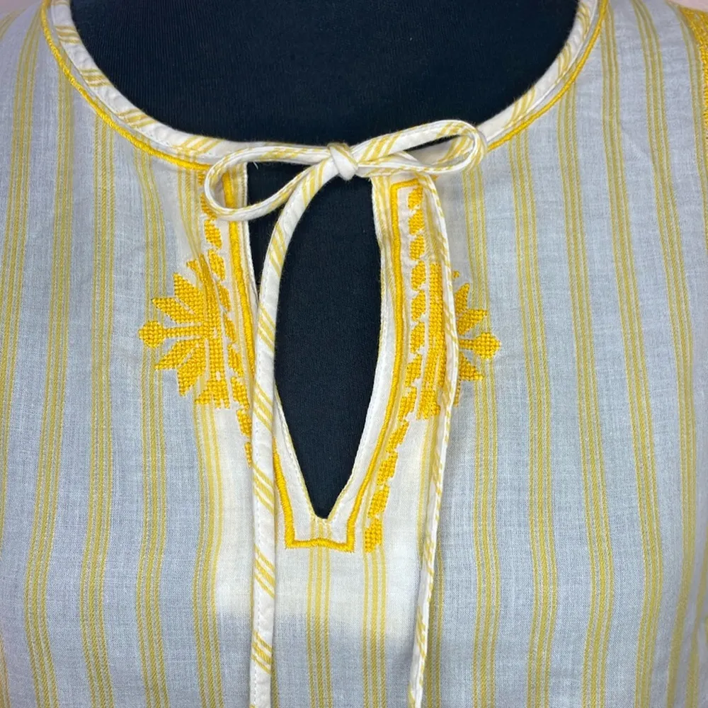 Boho embroidered striped neck tie closure tropical short sleeve cotton tunic - Image 4