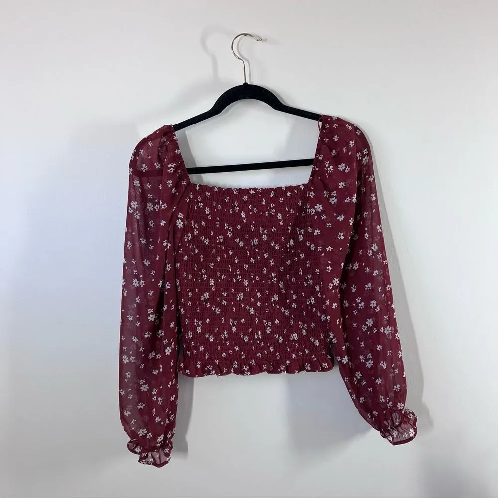 Lush‎ reyna ditzy floral smocked top on burgundy floral - Image 5
