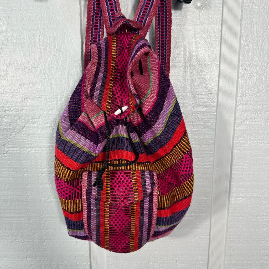 Artesanias Pinzon Women's Woven Drawstring Backpack Rainbow EUC - Image 3