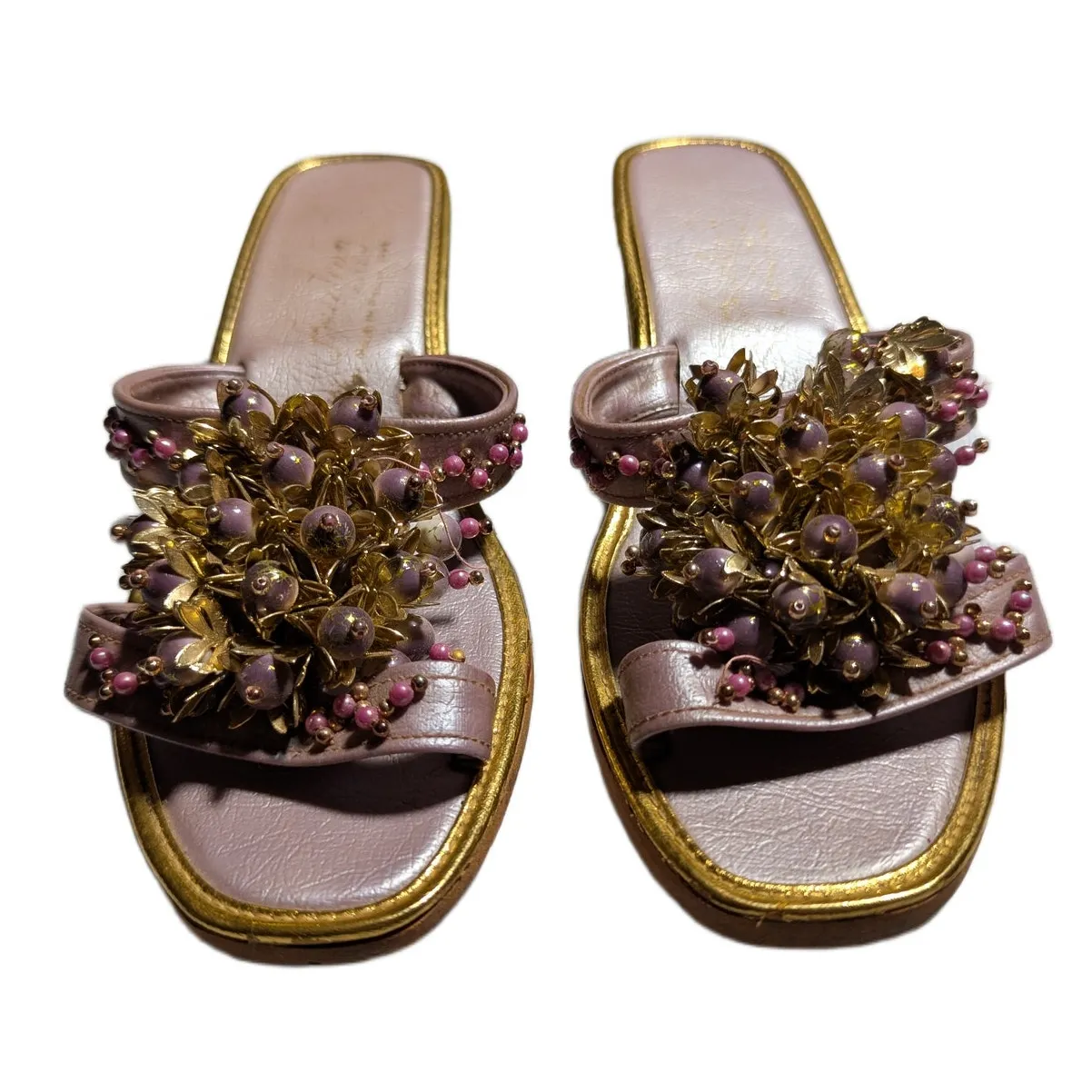 Vtg 1970s Lavender Metallic Faux Leather Embellished Wedge Slide Sandals Sz 6.5 Purple - Image 2