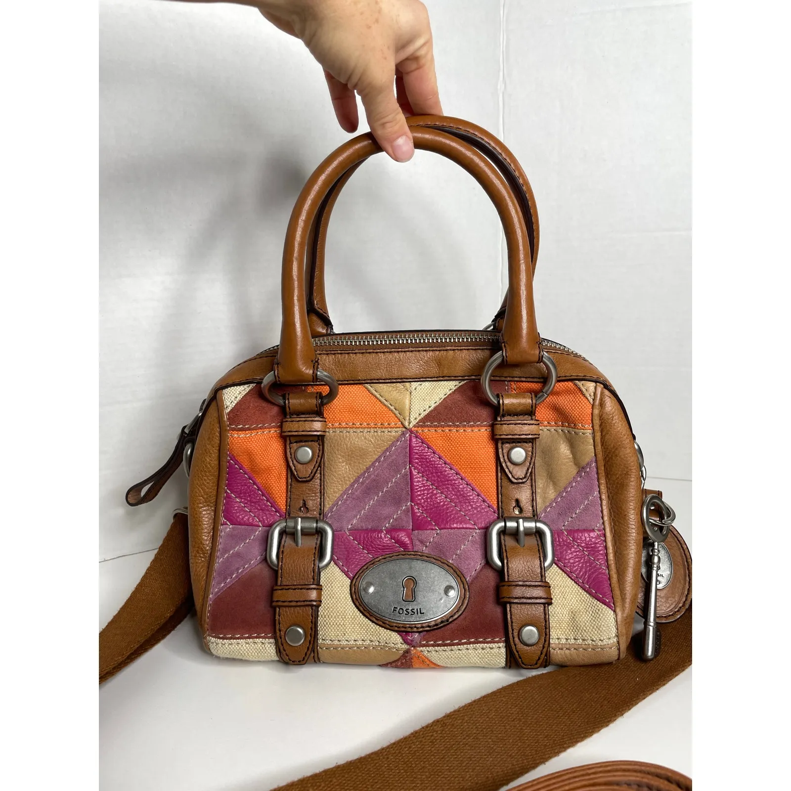 RARE FOSSIL LONG LIVE VINTAGE MADDOX PATCHWORK LEATHER SATCHEL HANDBAG PURSE - Image 4