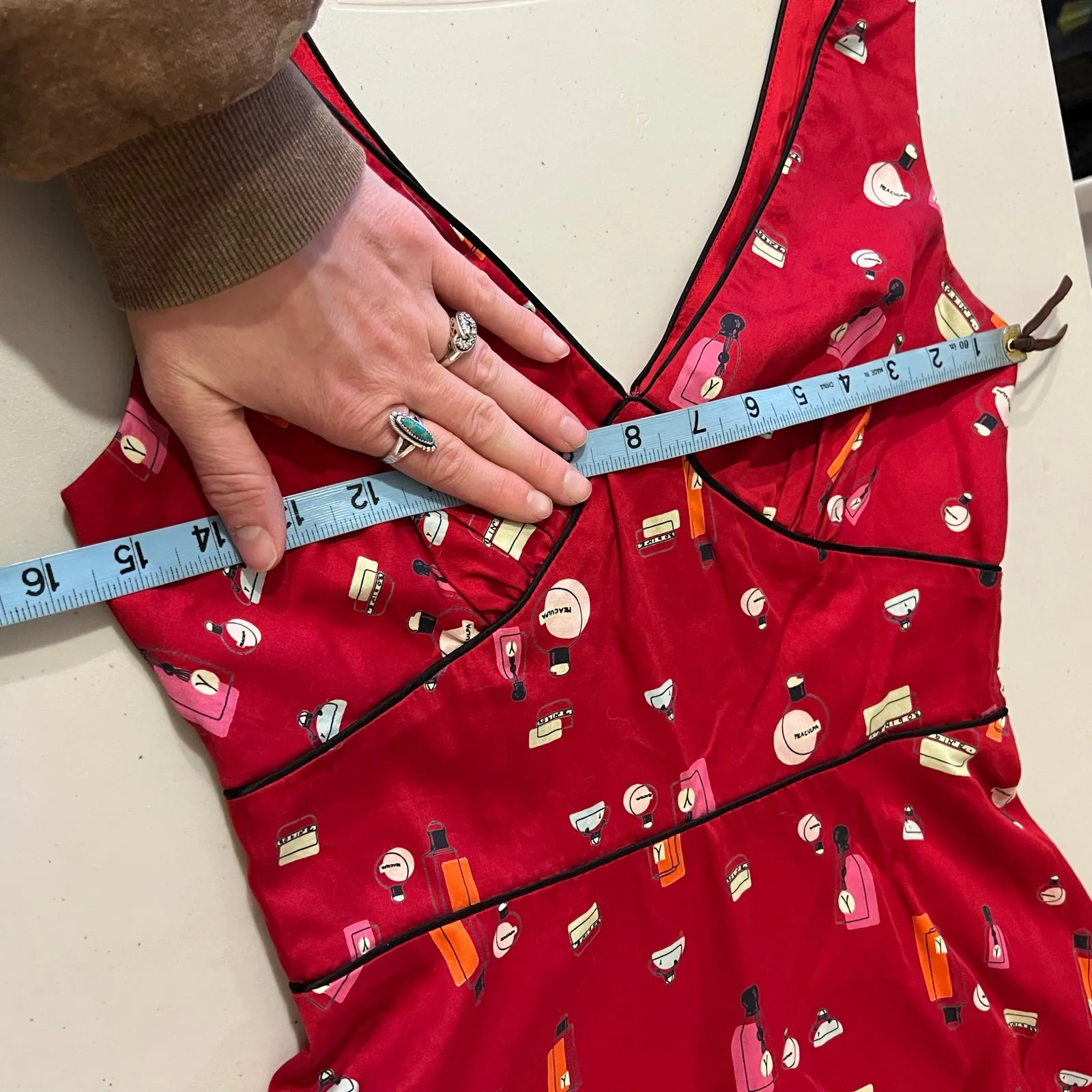 Vintage USA Made Red Perfume Bottle Print Retro Mod Dress A Line Dress Size XS - Image 10