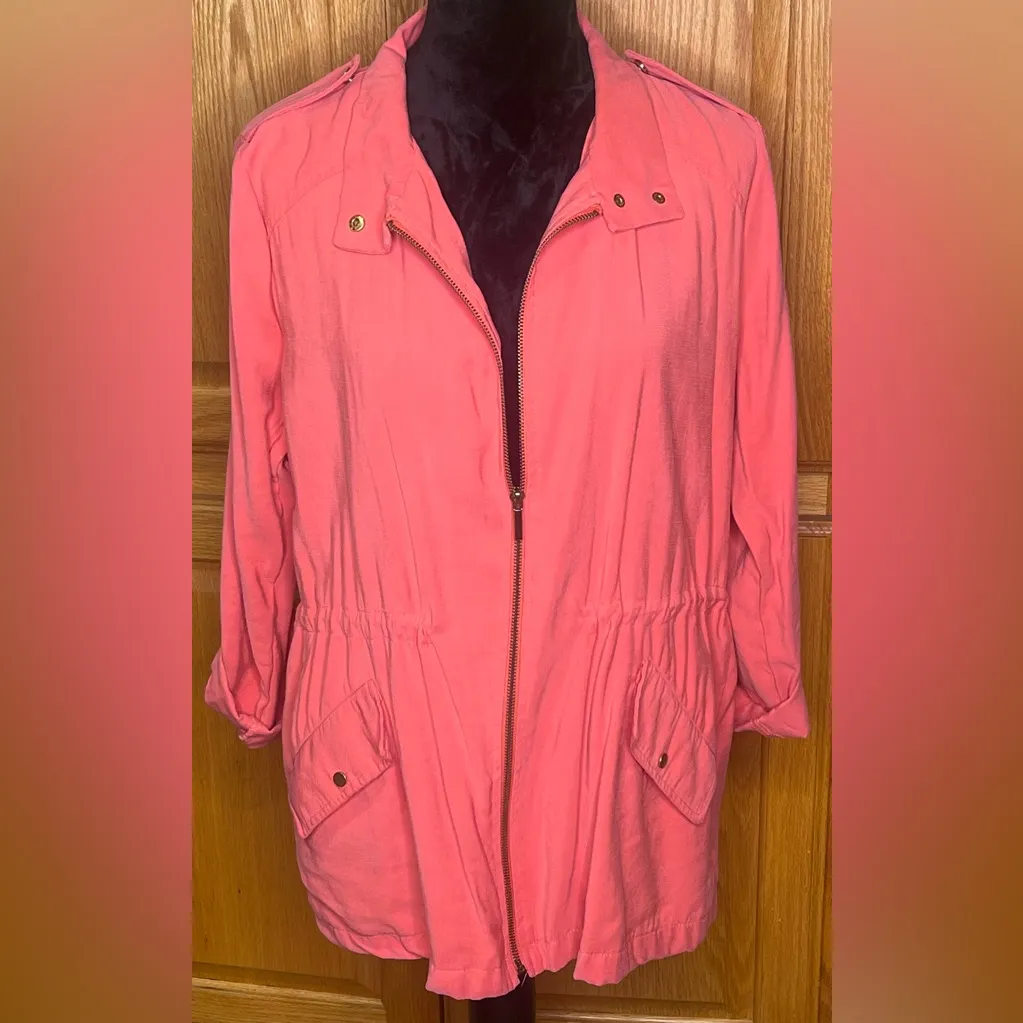ZARA Front Zip Gold Snap Cinched Waist Military Utility Jacket Coral Pink‎ Large - Image 7
