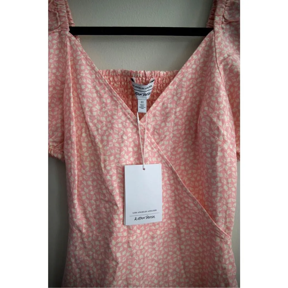 & Other Stories Light Pink Floral Puff Sleeve Linen Blend Mini Dress Size 2 - Image 5