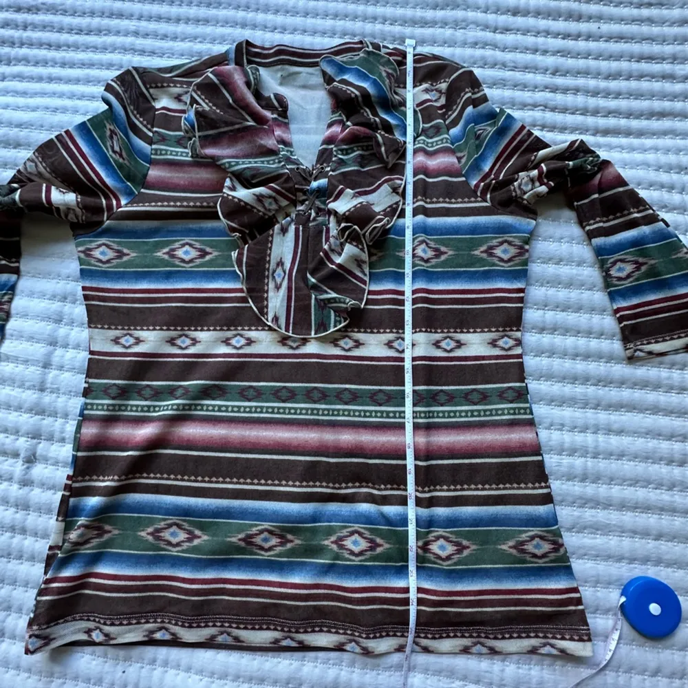 Ralph Lauren Chaps Denim western Aztec print sheer lined leather lace up shirt - Image 6