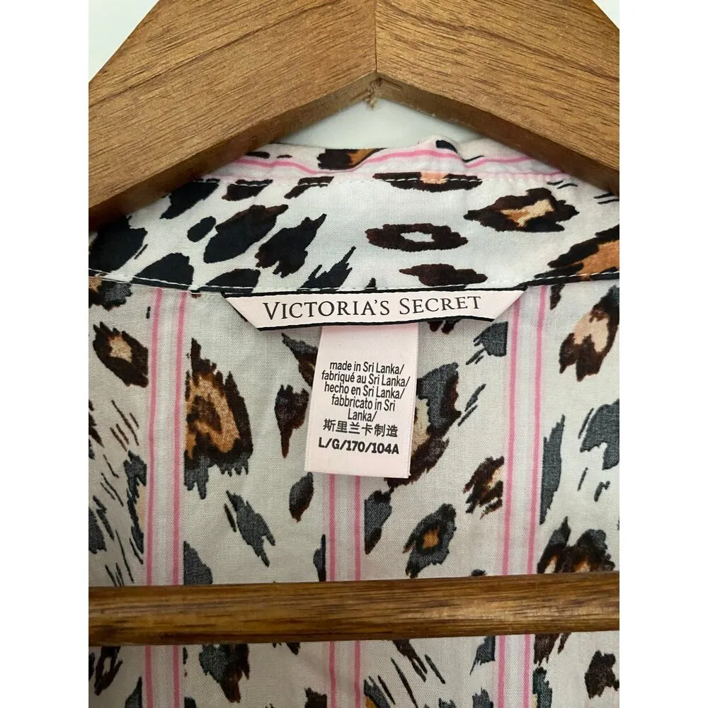 Victoria Secret Long Sleeve Button Down Nightgown Sleep Dress Leopard Pink - Image 4