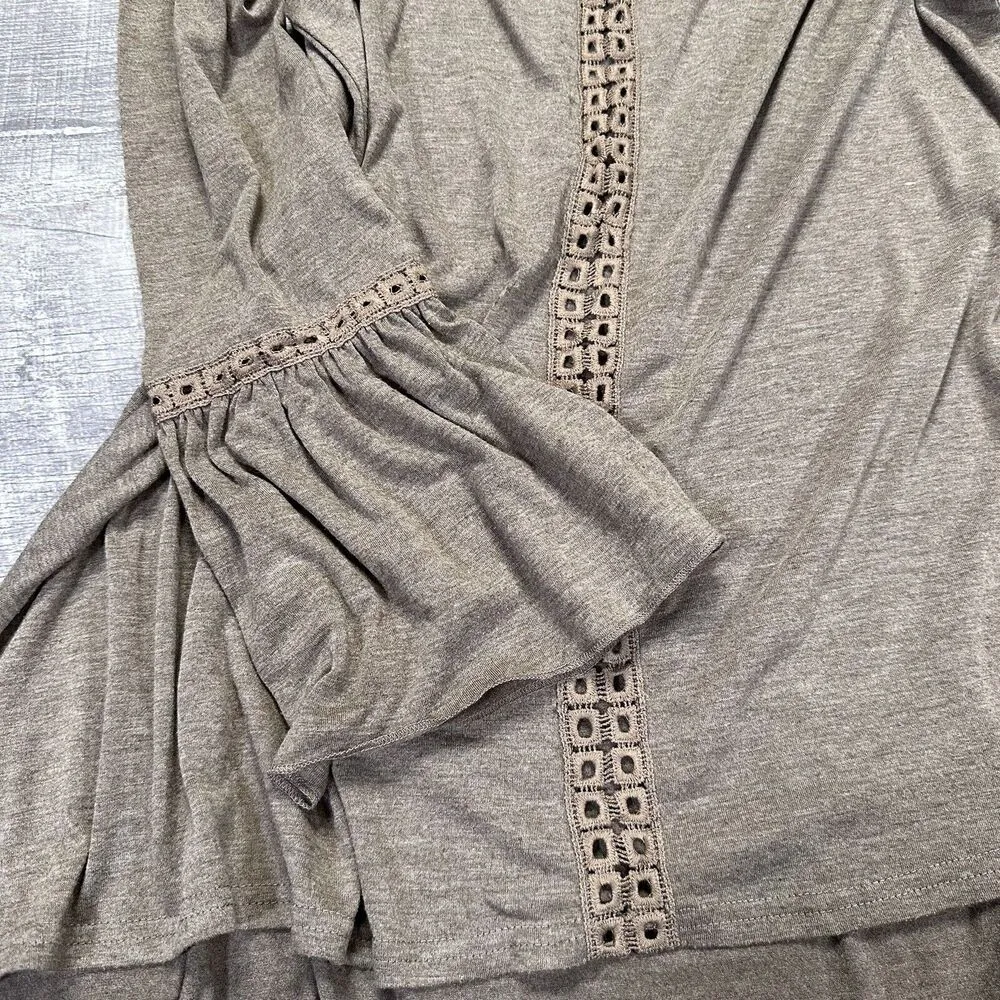 Boho Brown Mini Swing Dress Womens S Bell Sleeve Lace Crochet - Image 4