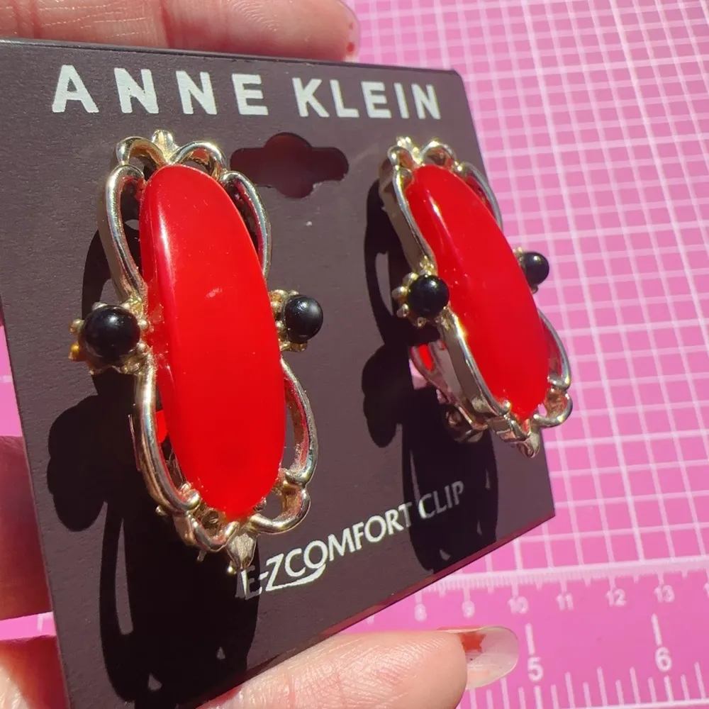 Anne Klein comfort clip on earrings silver tone red lightweight new with tag - Image 3
