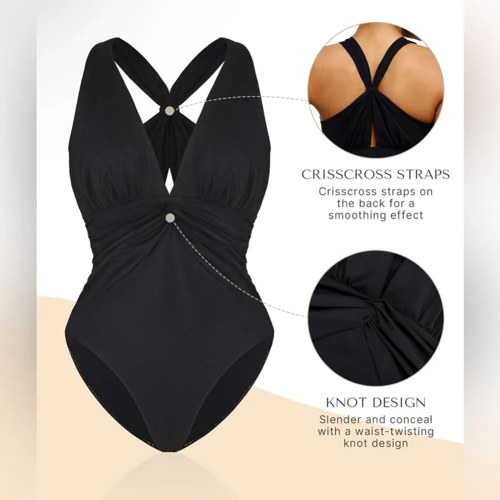 SHAPELLX Tummy Control Swimsuit Women Ruched V Neck One Piece Black M NWT Size M - Image 9