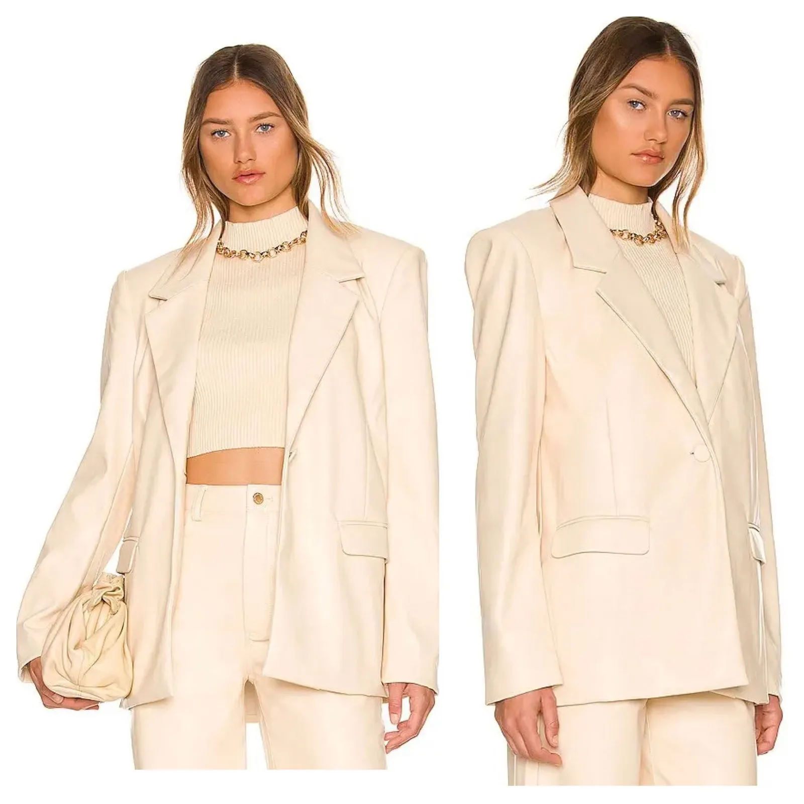 WeWoreWhat Faux Leather Blazer Medium Cream Oversized Quiet Luxury Minimalist - Image 2