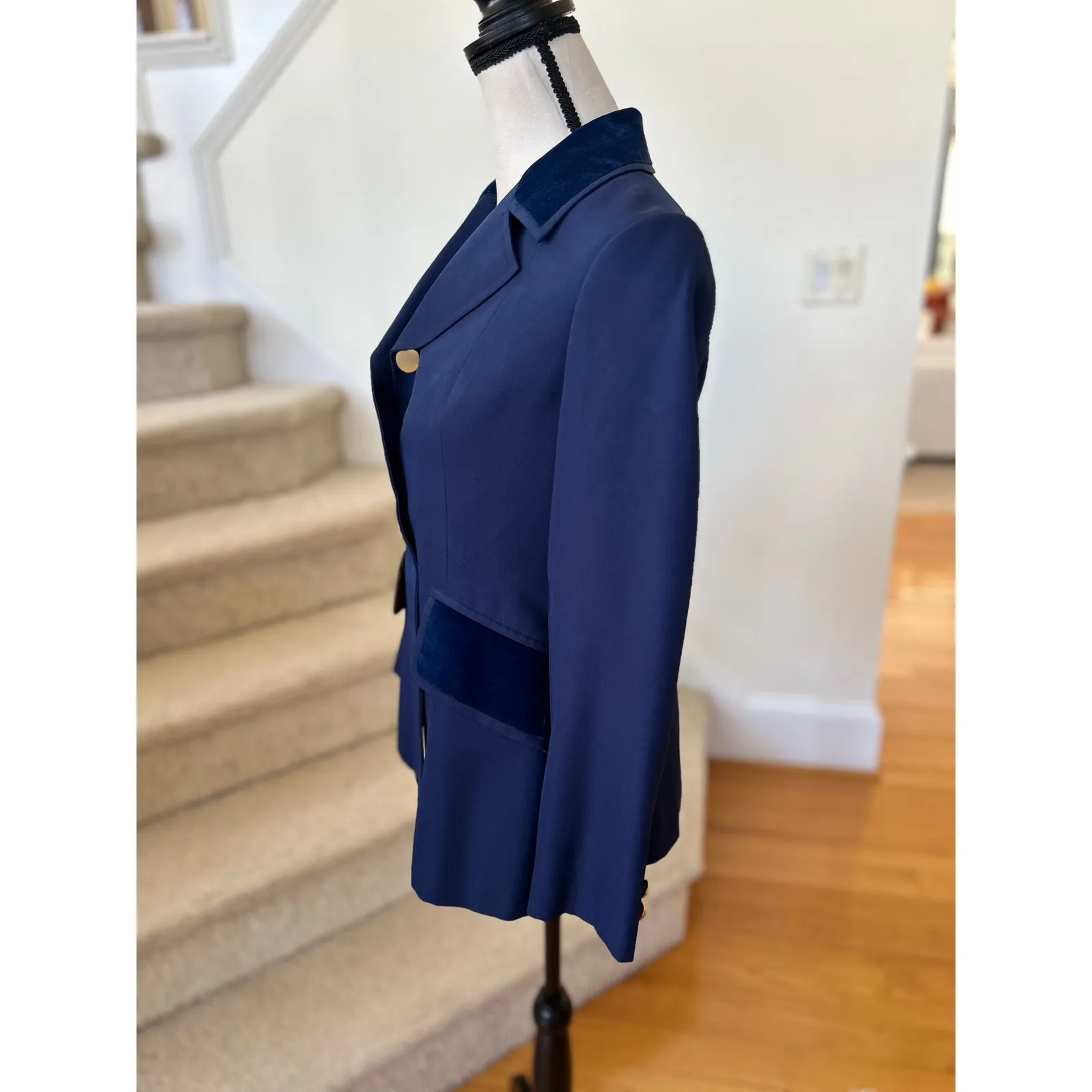 Custom Navy Velvet Trim Three Button Fitted Equestrian Blazer Jacket Blue - Image 3