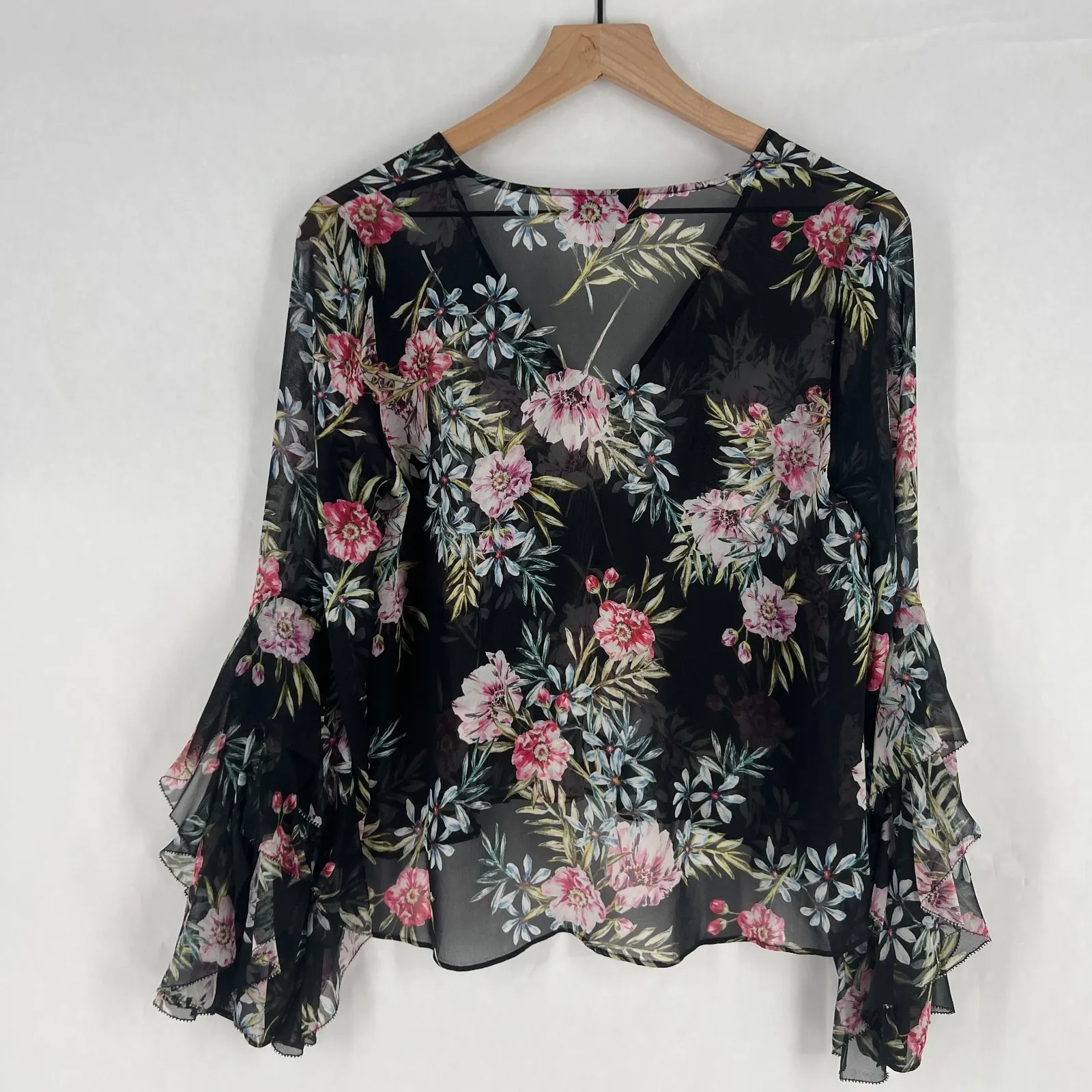 Intermix Caitlin Top Womens P Black Flower Silk Ruffled Sleeve Bohemian V Neck - Image 8