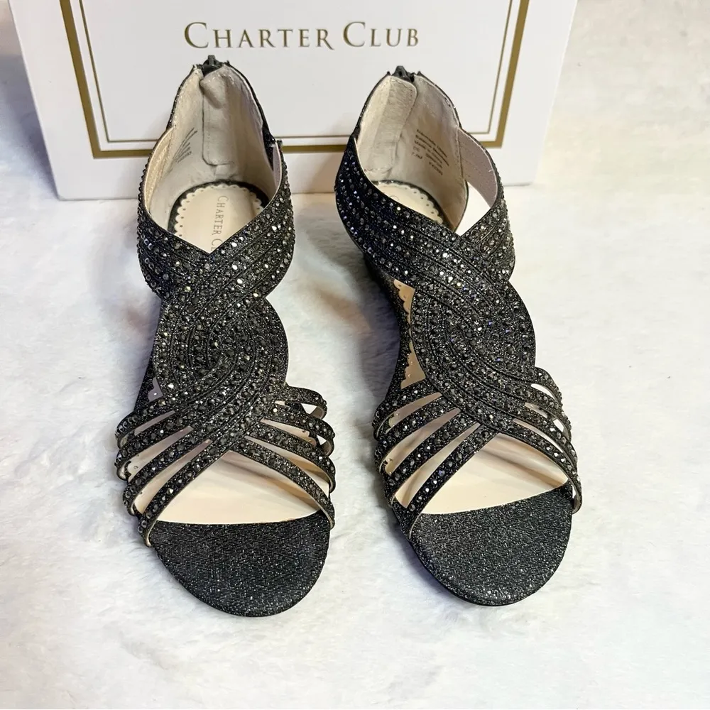 Charter Club Pewter Rhinestone Embellished Strappy Wedge Sandals Size 7.5 - Image 2