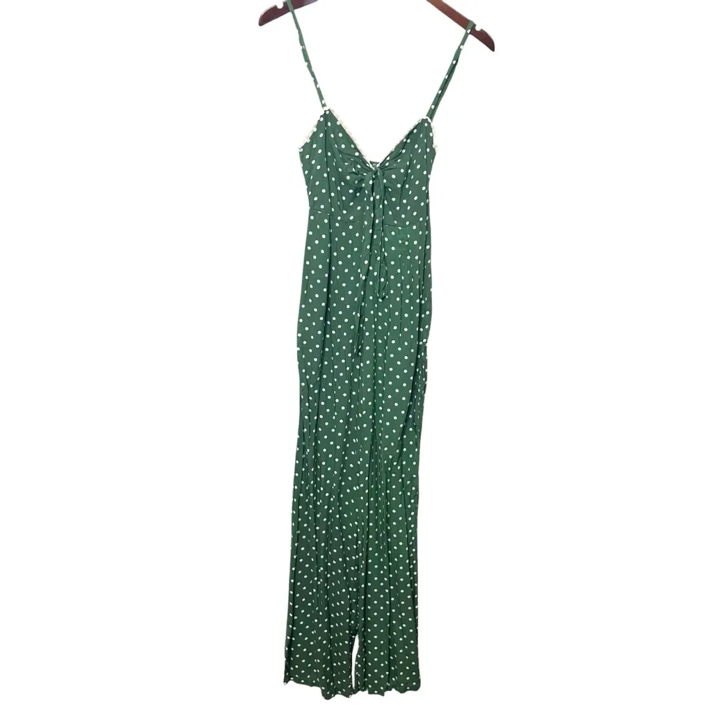 Agua Bendita Polka Dot Jumpsuit Women’s Small Green Keyhole Wide Leg Lace Trim - Image 3