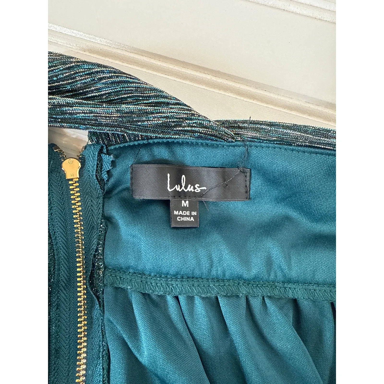 NWT Lulus Ailey Gold and Teal Blue Skater Dress Plunged Neck Party Cocktail Sz M - Image 5