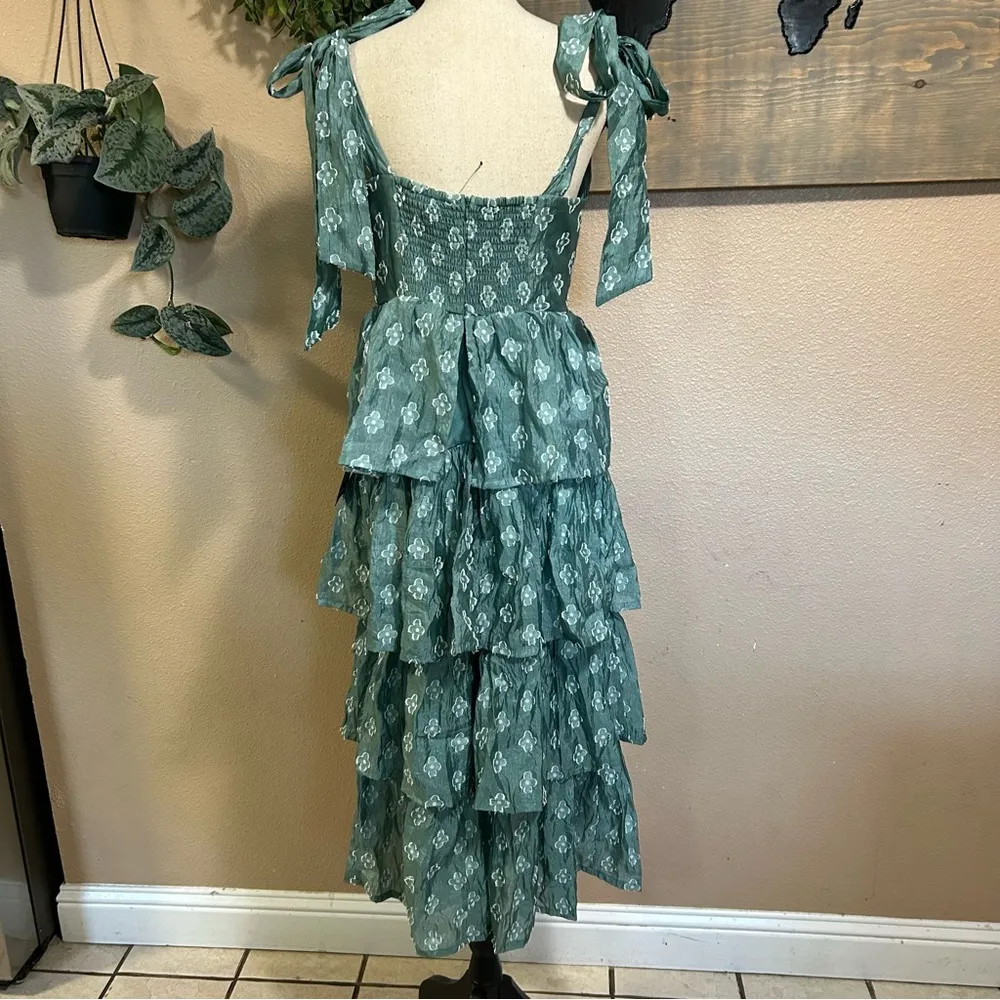 NWT Gorgeous Excellence Teal Green Floral Burnout Tiered Midi Dress Size L - Image 6