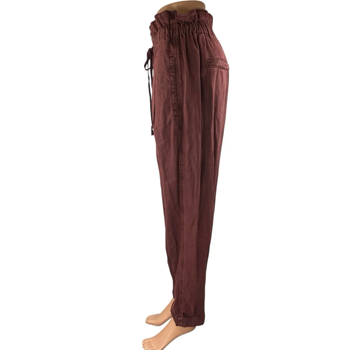 Free People Margate Maroon Brown High Waisted Tapered Paperbag Trousers Pants M - Image 2