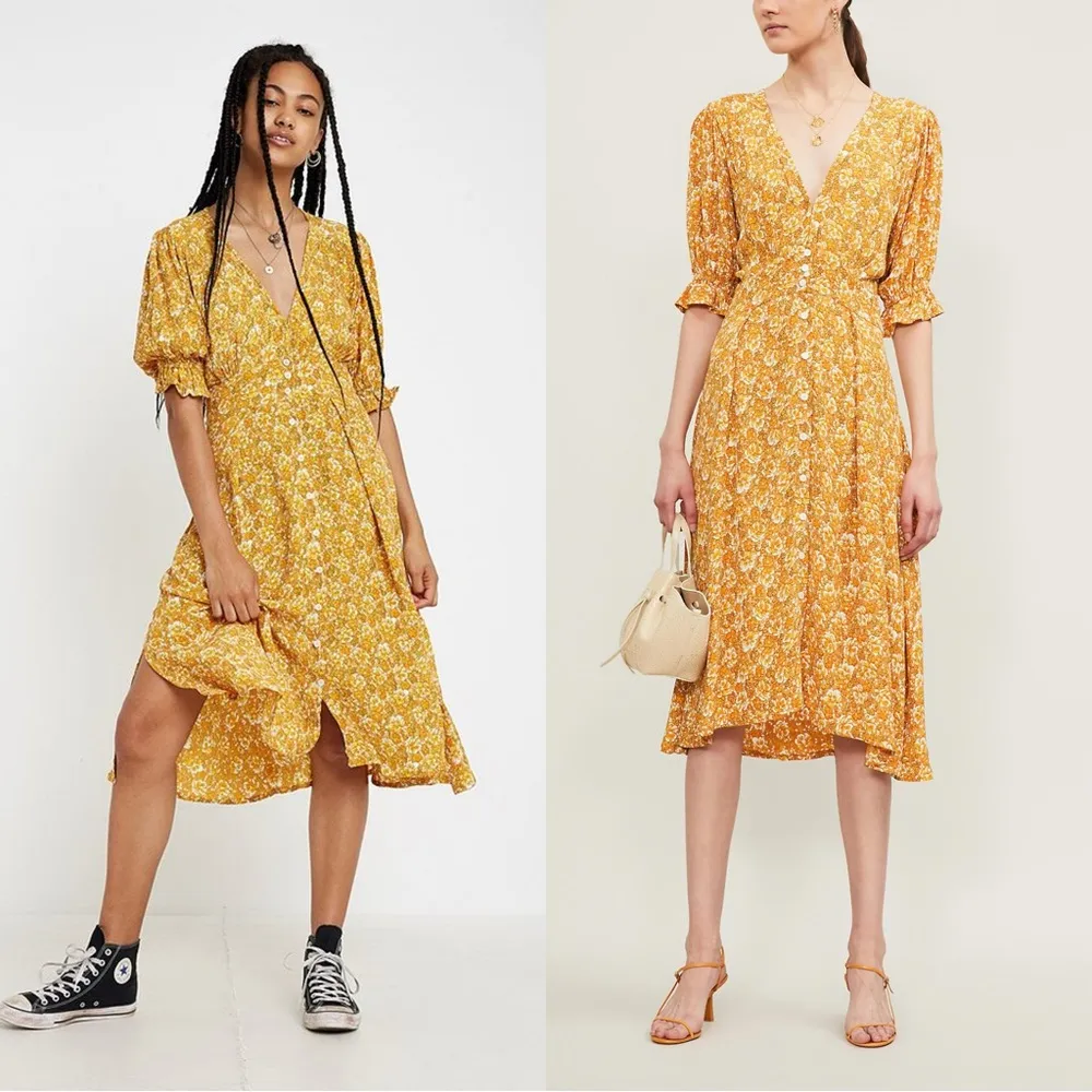 NWT Faithfull the Brand Rafa Dress V-Neck Puff Sleeve Saffron Delphine Floral 4 - Image 2