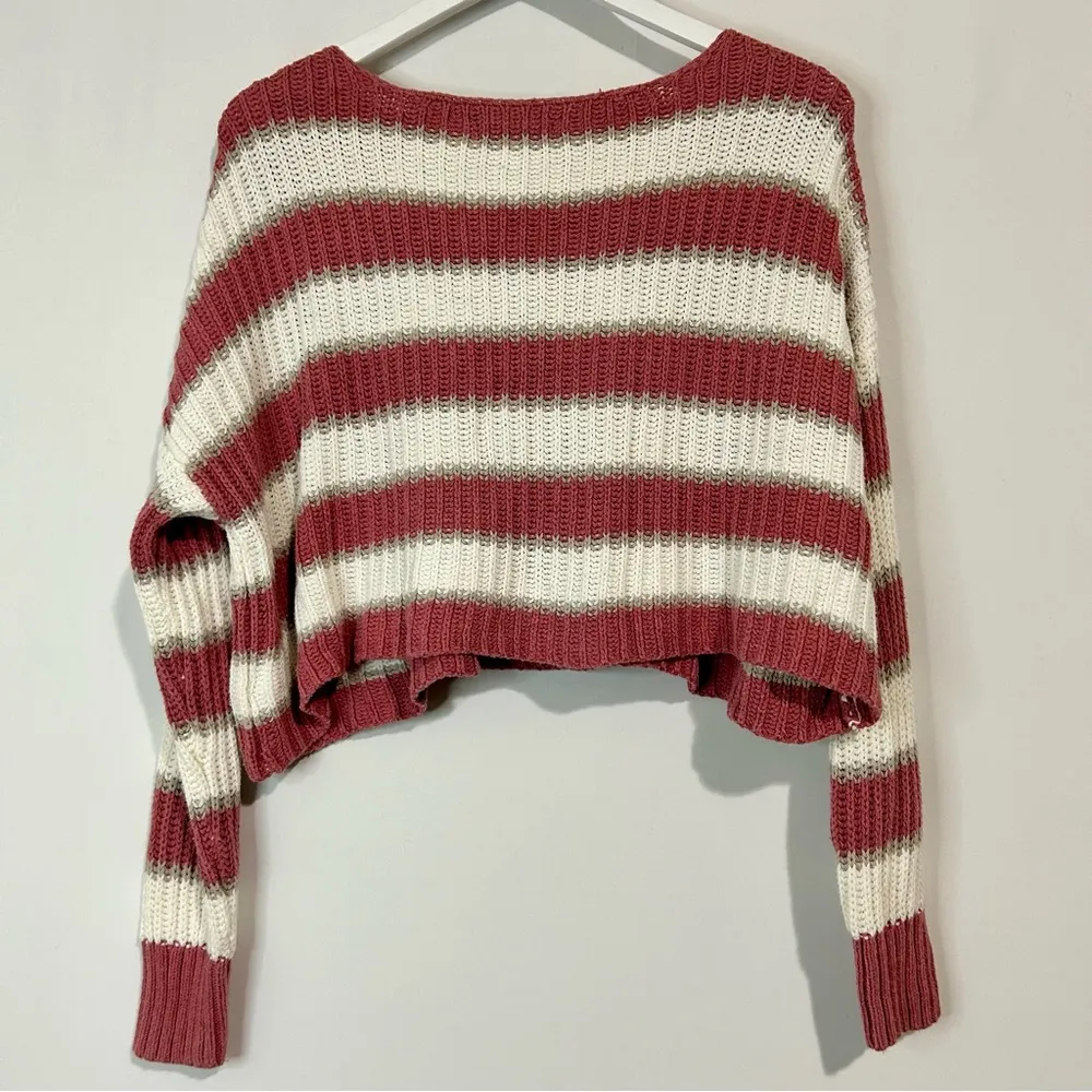 American Eagle Women’s Long Sleeve Striped Sweater Pink & White Size Small FLAW - Image 8
