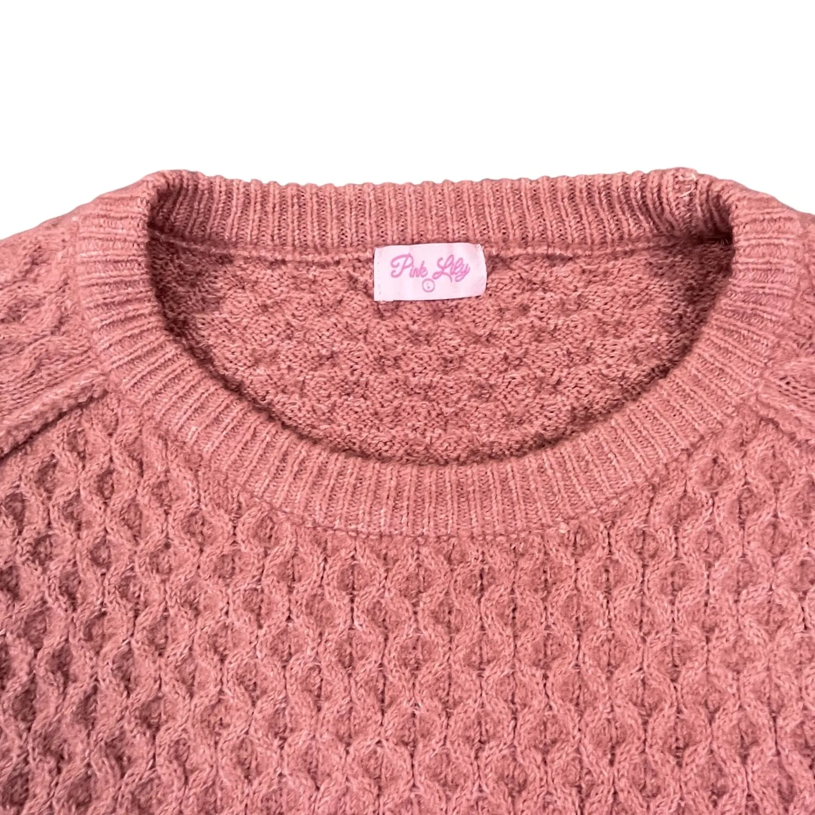 Pink Lily Cable Knit Raglan Sweater‎ Women's Rose Pink Cozy Textured Size L - Image 2