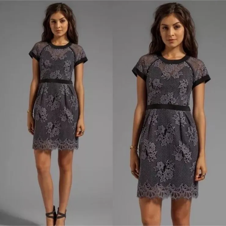 Nanette Lepore Hidden Gem Mesh Lace Dress Size 4 Gray Black Sheath Y2K Girlygoth - Image 2